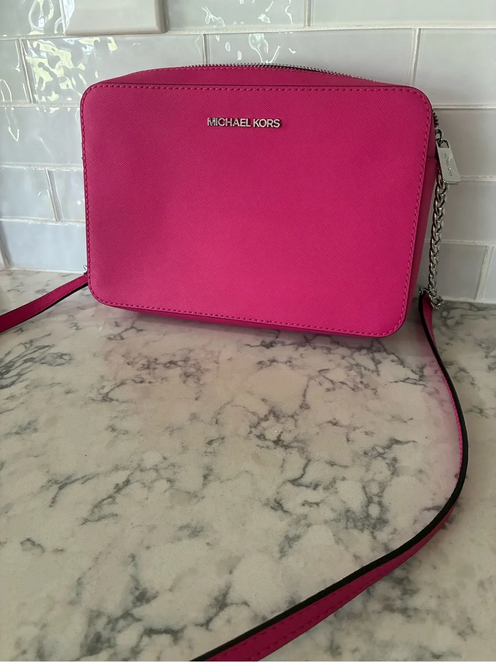 Michael Kors Pink dragonfruit Saffiano Leather Crossbody Bag Purse Jet Set
